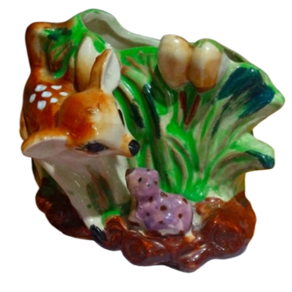 Ceramic Deer and Fawn Figurine - Green and Brown